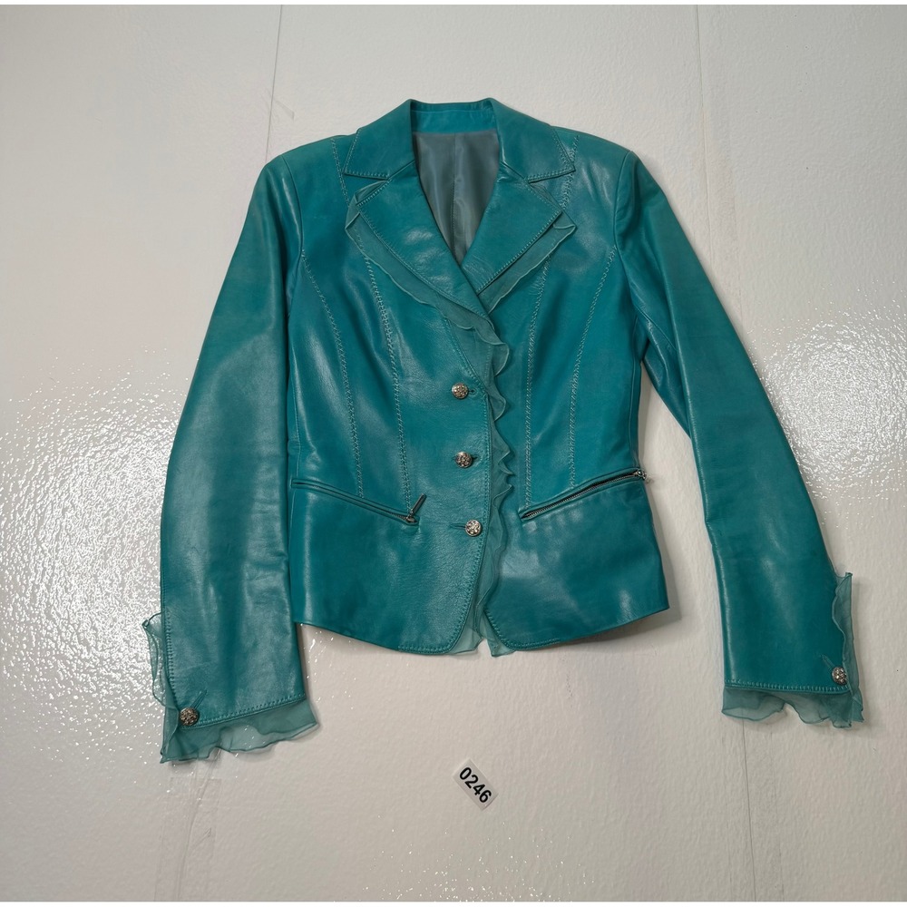 Fontani Italy Teal Leather Ruffle Blazer Jacket Whipstitch Detail Women Size 42